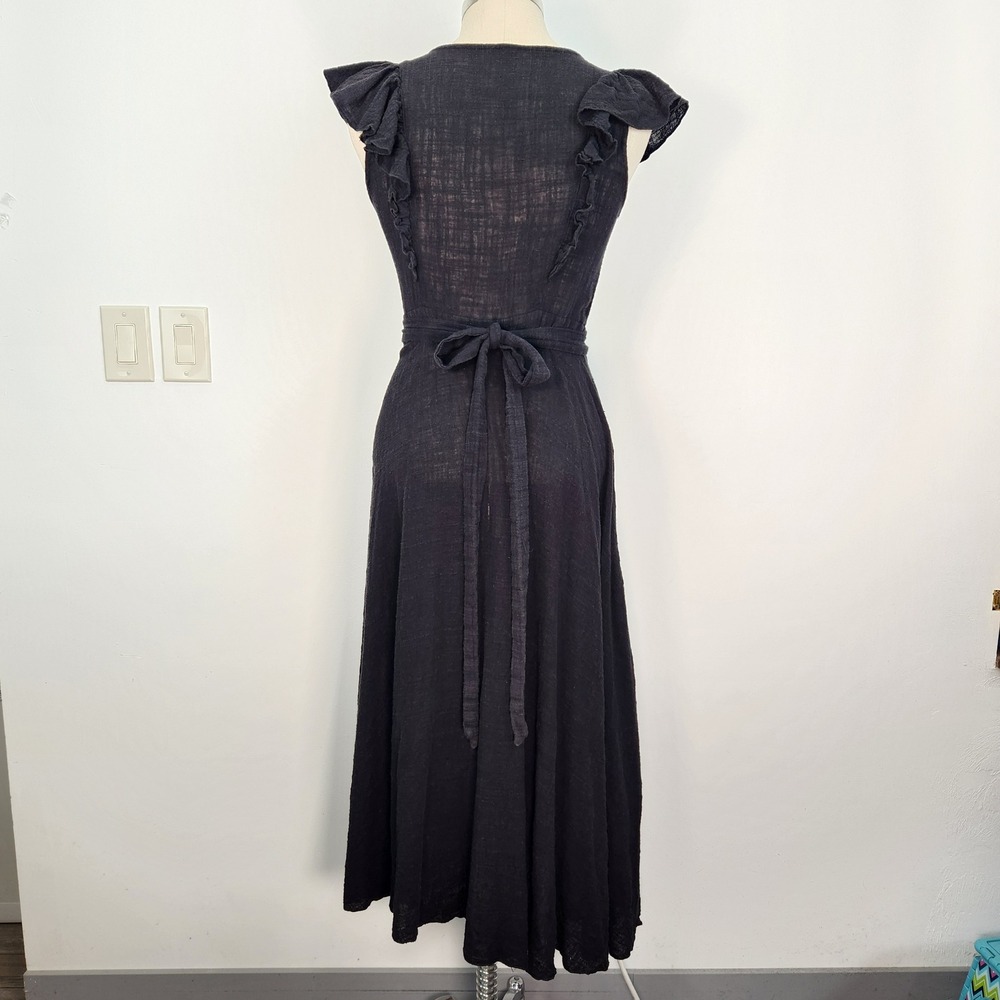 Subtropicalia Vera Black Ruffle Wrap Midi Dress M Textured Gauze‎ Sleeveless - Picture 3 of 11